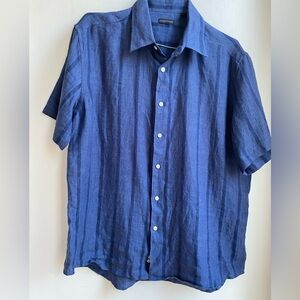 Structure  Button Shirt Men Blue Short Sleeve Size L  100% Linen